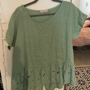 Green flows top with floral trim